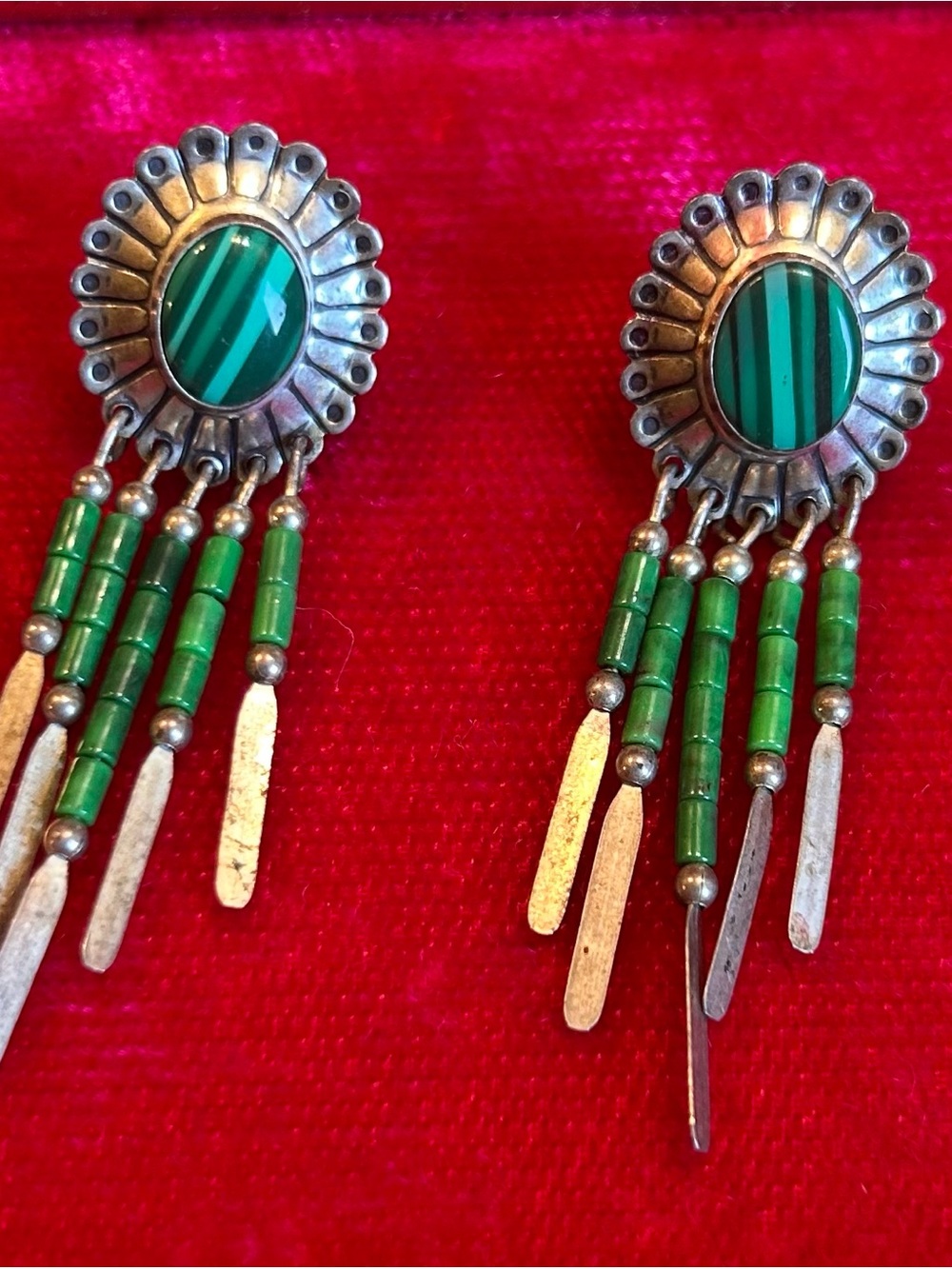 Sterling silver malachite fringe pierced earrings